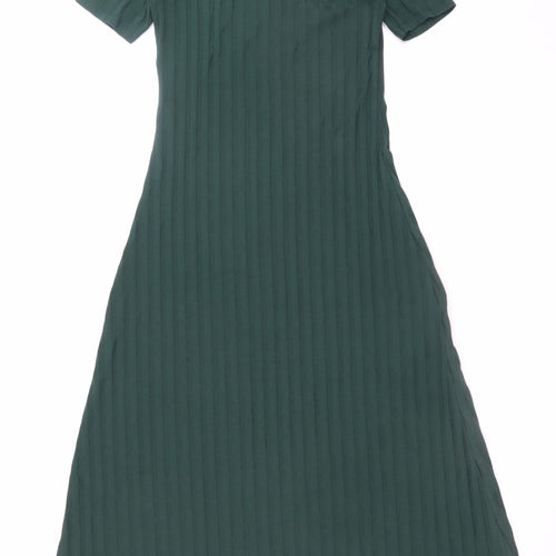Zara Women Green Midi Fit & Flare Ribbed Cotton Dress Size S