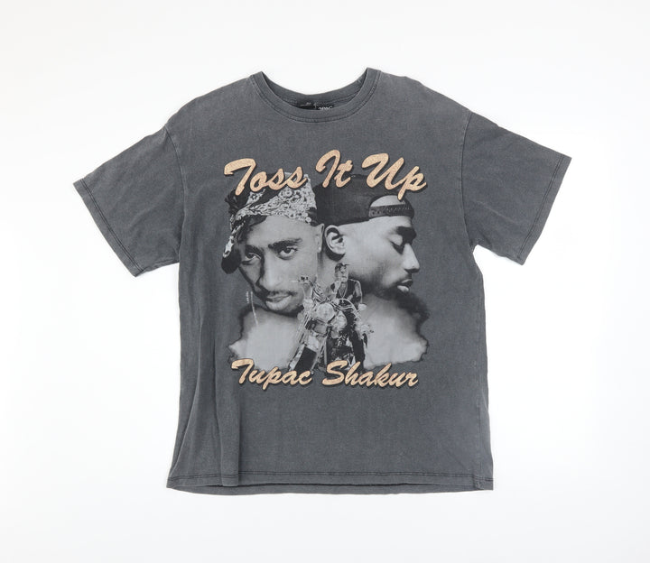 Bershka Men’s Grey Tupac Shakur Graphic Band T-Shirt XS