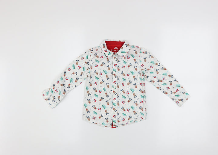 Mini Rebel Boys White Christmas Reindeer Button-Up Cotton Shirt 18-24 Months