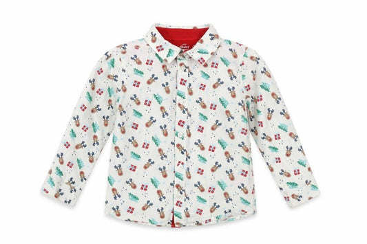 Front view of Mini Rebel boys’ white christmas reindeer button-up cotton shirt 18-24 months
