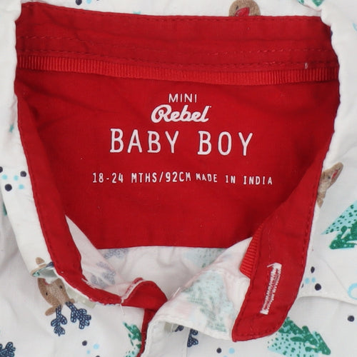 Mini Rebel Boys White Christmas Reindeer Button-Up Cotton Shirt 18-24 Months