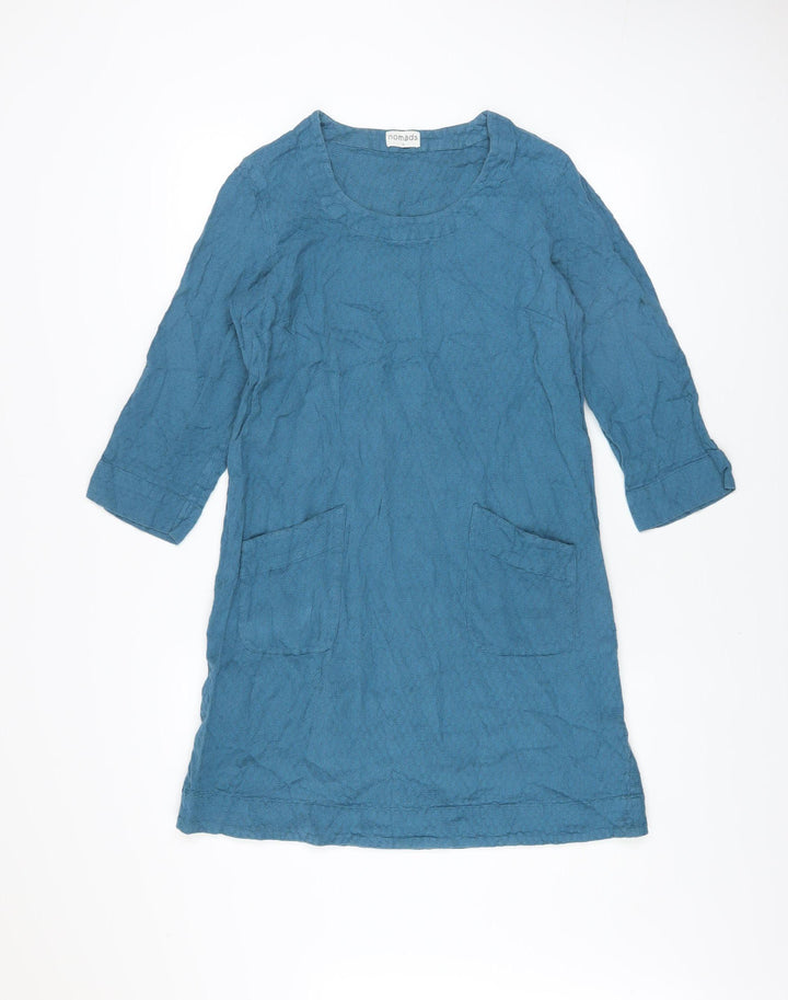 Nomads Women Blue Cotton Shift Dress Size 12 3/4 Sleeve Casual