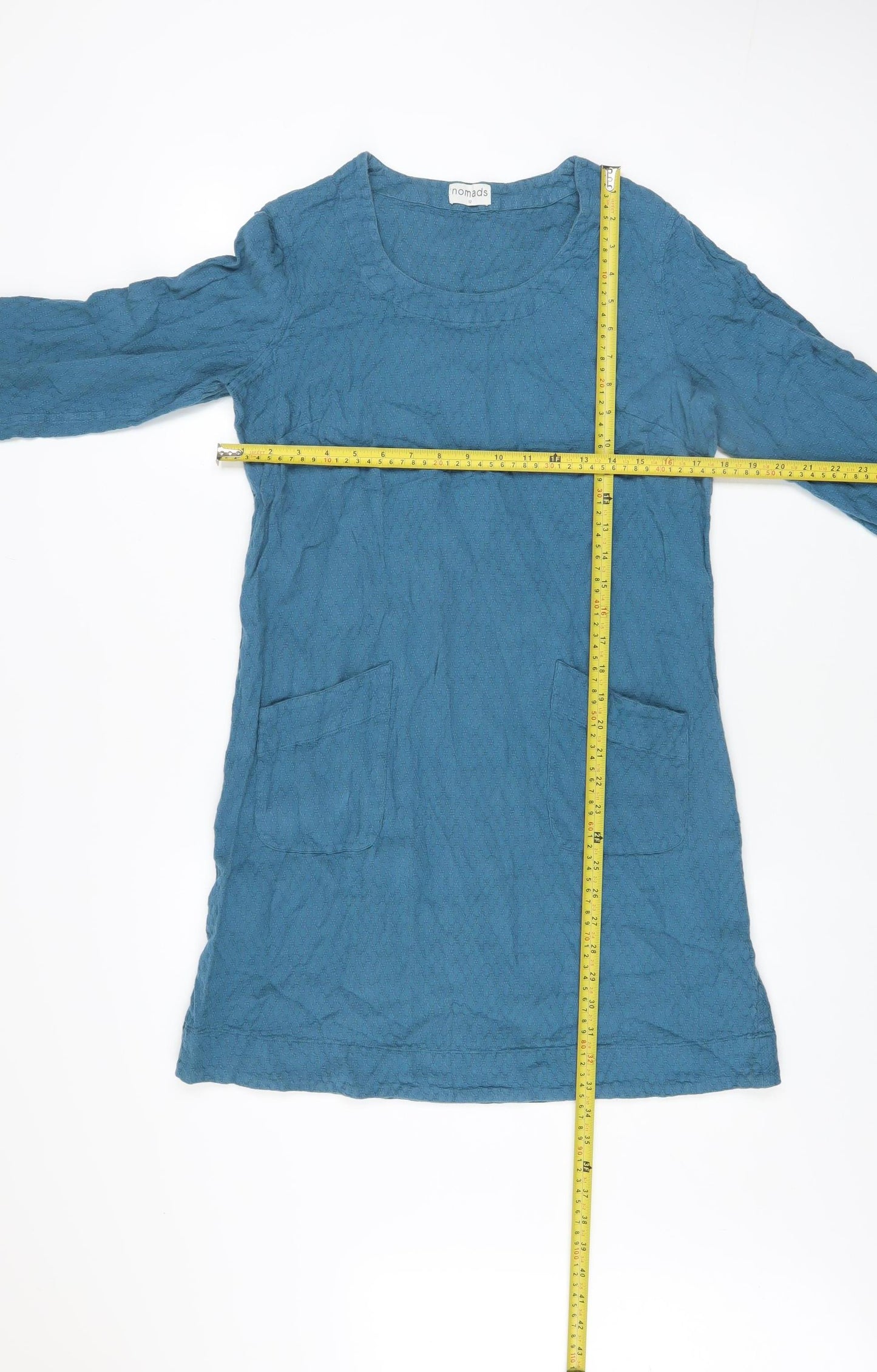 Nomads Women Blue Cotton Shift Dress Size 12 3/4 Sleeve Casual