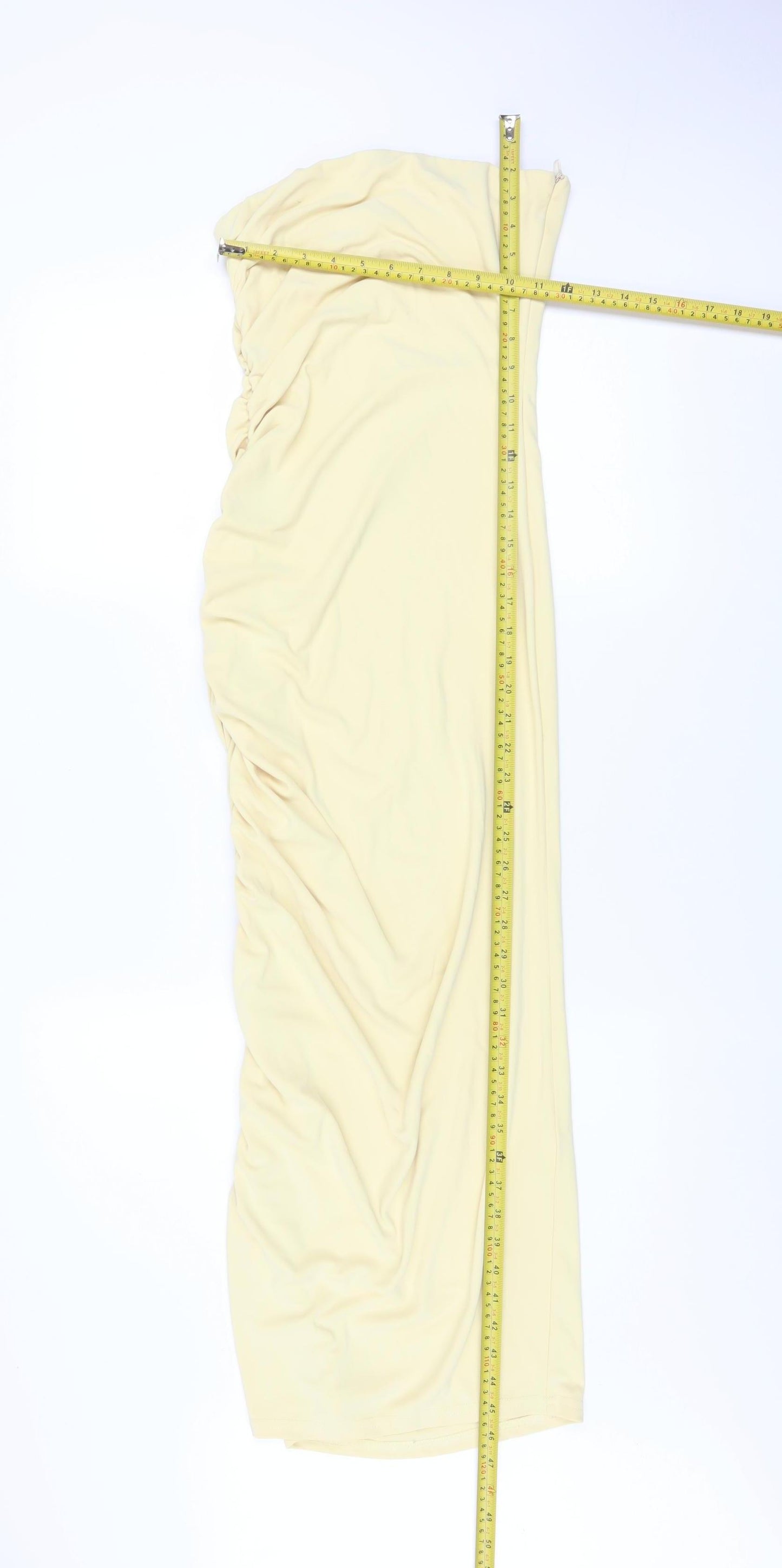 Zara Women Beige Strapless Ruched Midi Bodycon Dress XS