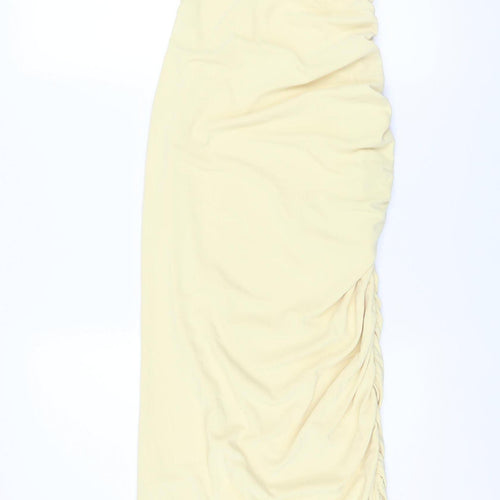 Zara Women Beige Strapless Ruched Midi Bodycon Dress XS