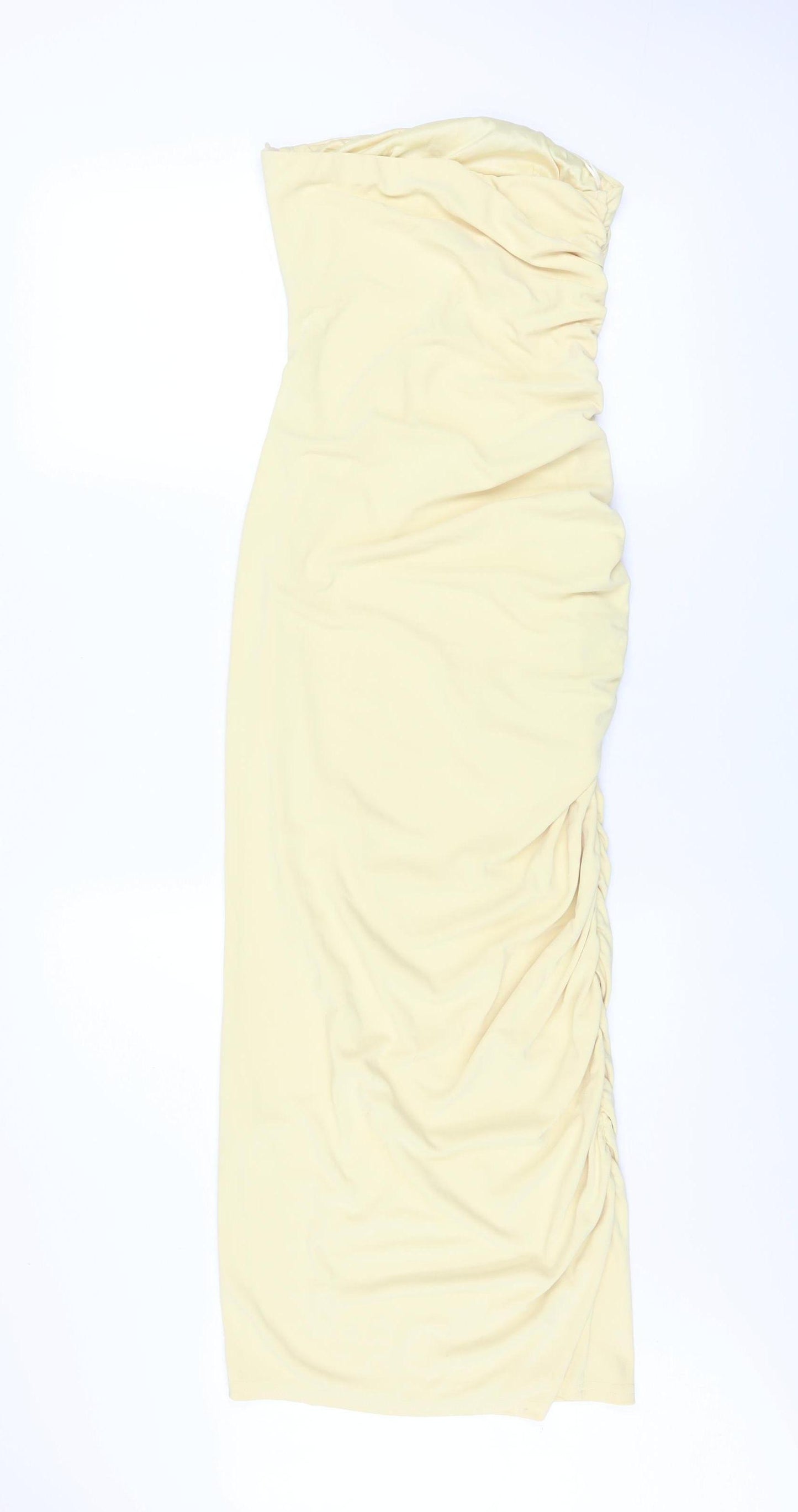Zara Women Beige Strapless Ruched Midi Bodycon Dress XS