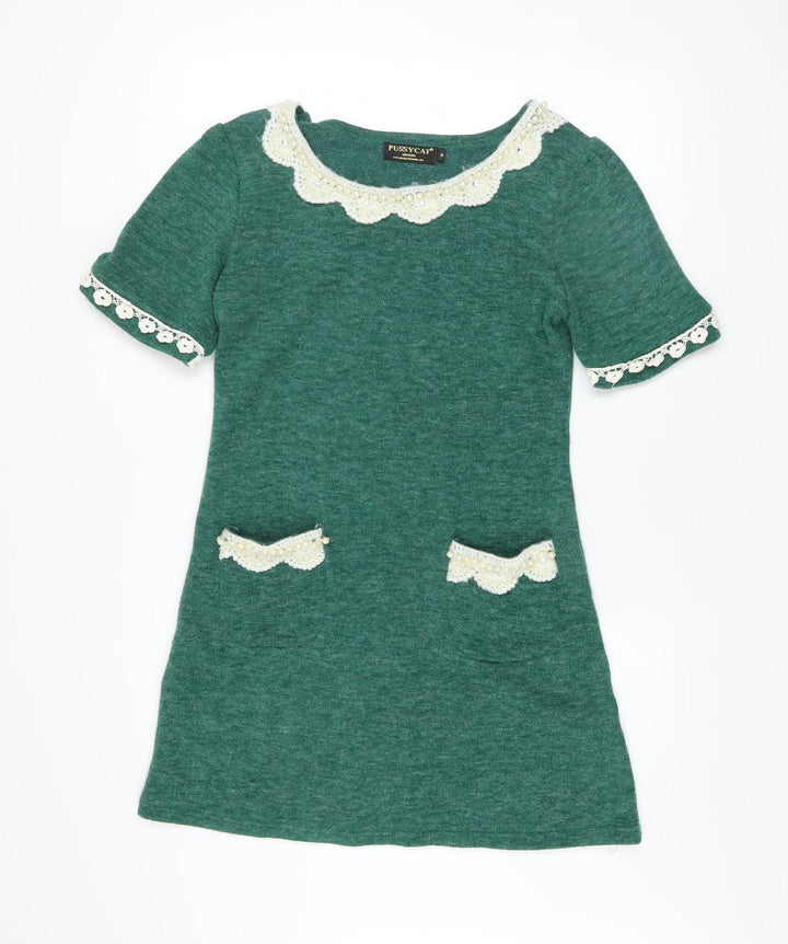 Pussycat London Women’s Green Wool Blend Short Sleeve Shift Dress M