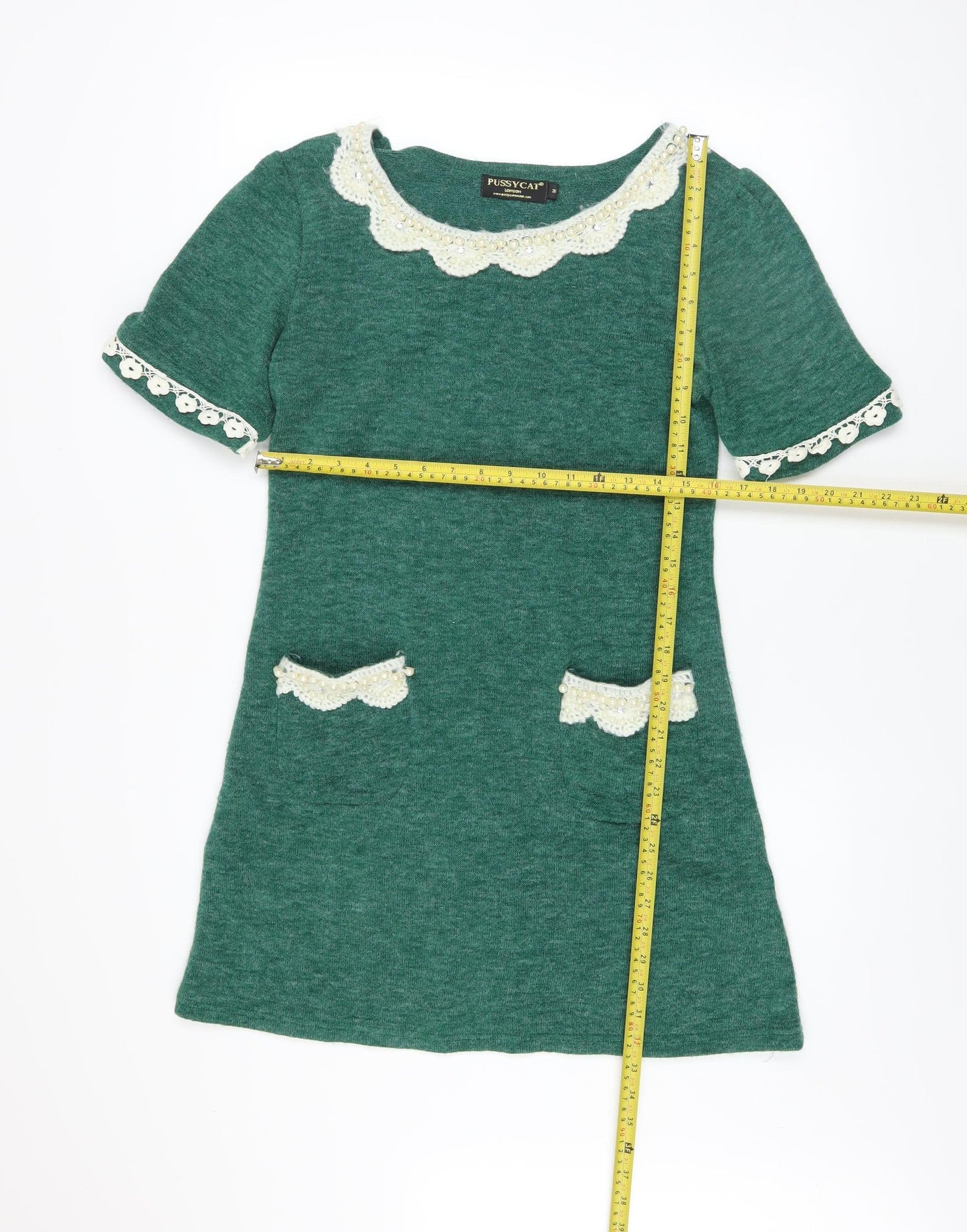 Pussycat London Women’s Green Wool Blend Short Sleeve Shift Dress M