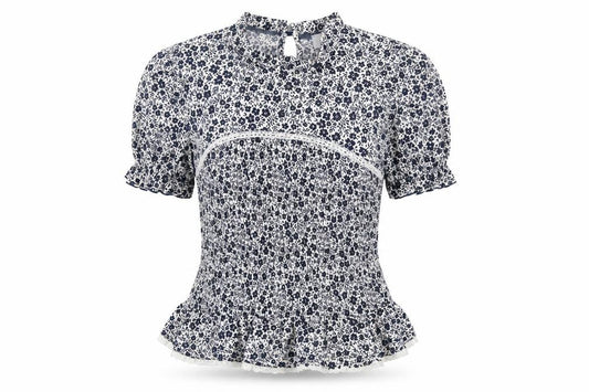 Front view of Savida Women's Blue Floral Ruffle Tunic Blouse, size 12