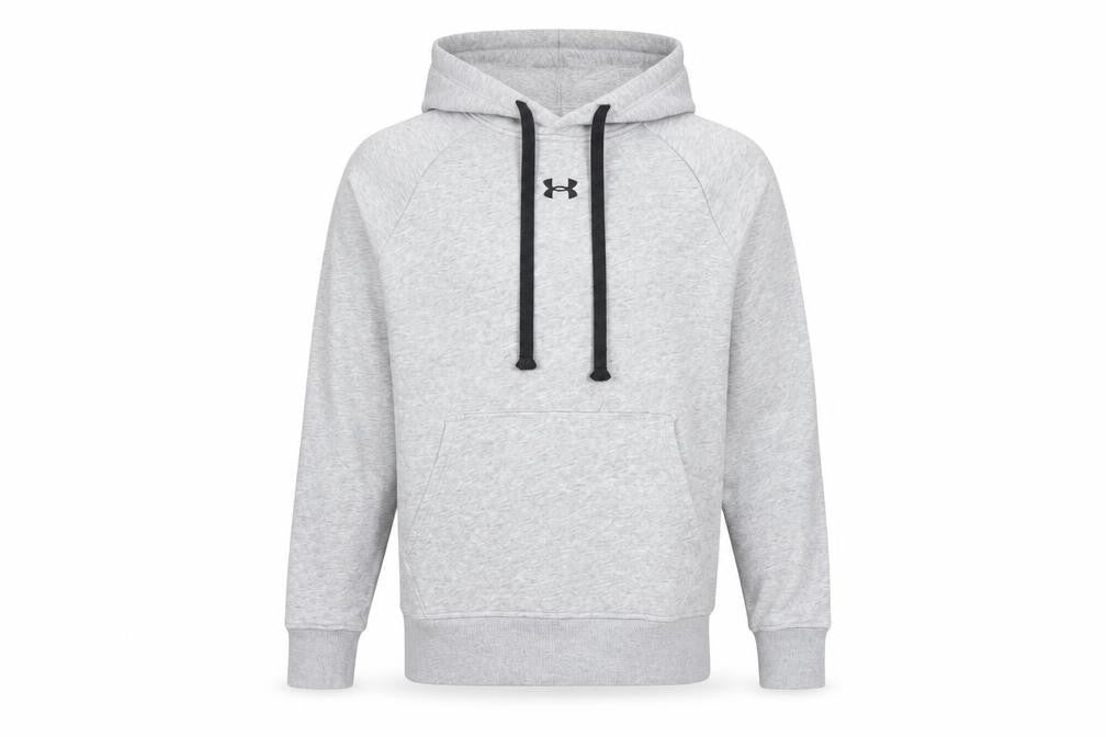 Front view of Under Armour Men’s Grey Pullover Hoodie, size S, Relaxed Fit Fleece