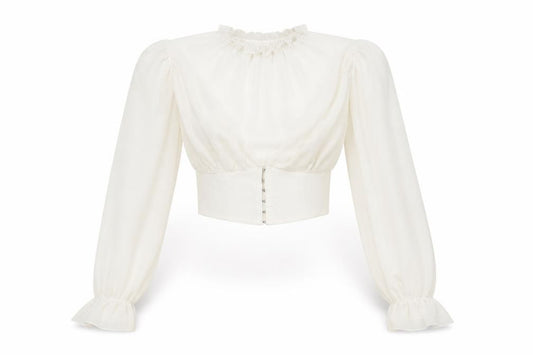 Front view of PRETTYLITTLETHING Women's Ivory Puff Sleeve Cropped Blouse UK 6