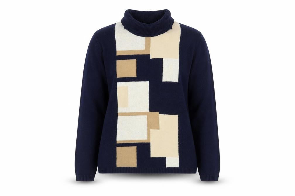 Front view of FREYA Women's Blue Roll Neck Geometric jumper, size 18