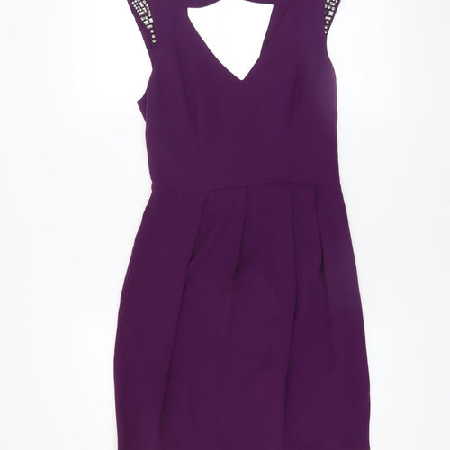 Oasis Women's Purple Bodycon Party Dress Size 8 with Beaded Shoulders