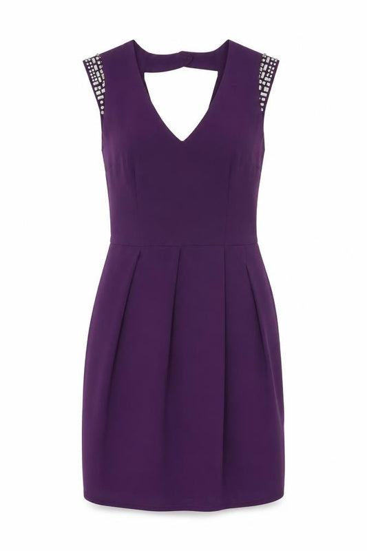 Front view of Oasis Women's Purple Bodycon Party Dress, size 8, with Beaded Shoulders