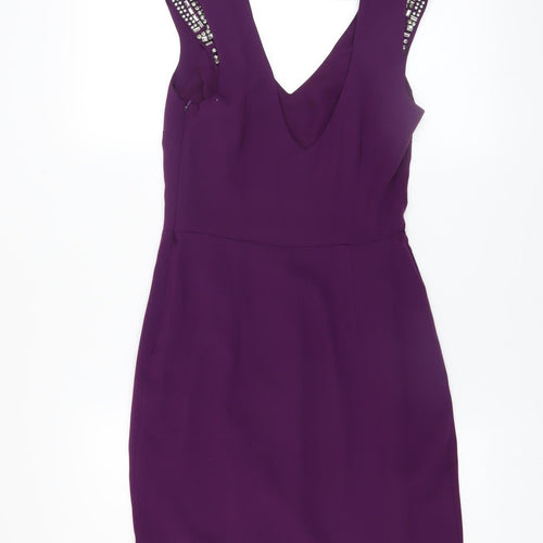 Oasis Women's Purple Bodycon Party Dress Size 8 with Beaded Shoulders