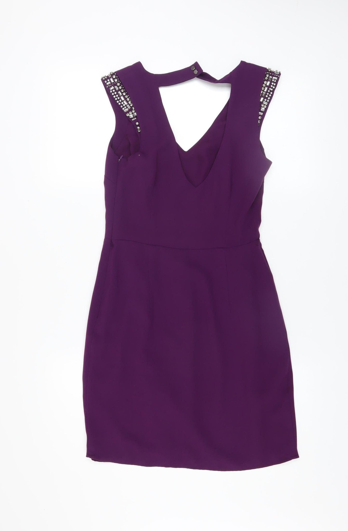 Oasis Women's Purple Bodycon Party Dress Size 8 with Beaded Shoulders