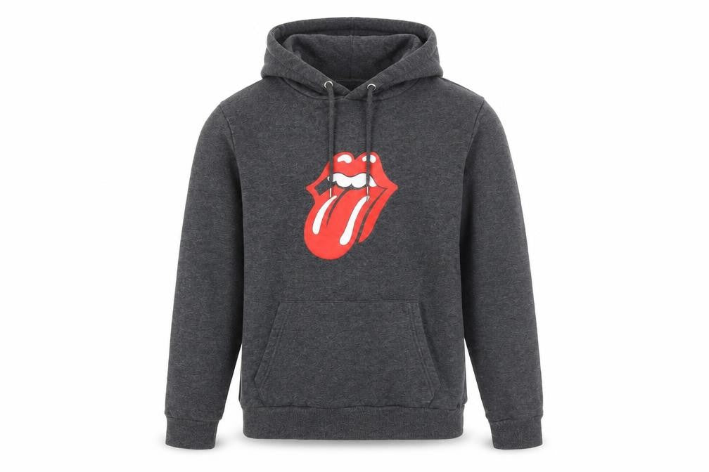 Front view of The Rolling Stones Men’s Grey Pullover Hoodie S Graphic Logo Sweatshirt