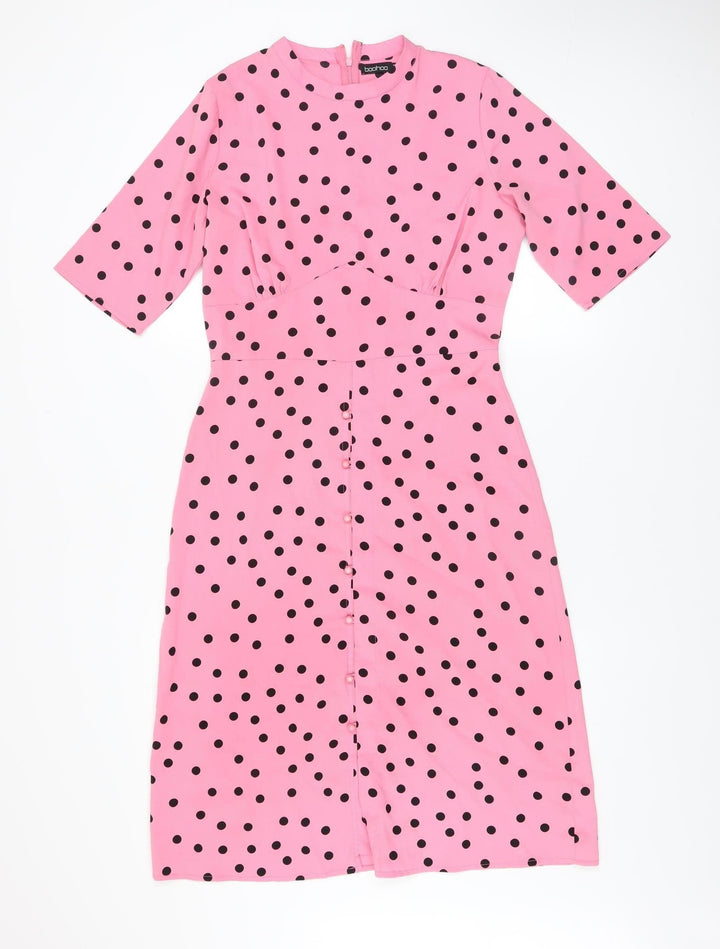 Boohoo Women Pink Polka Dot Bodycon Knee Length Dress Size 12