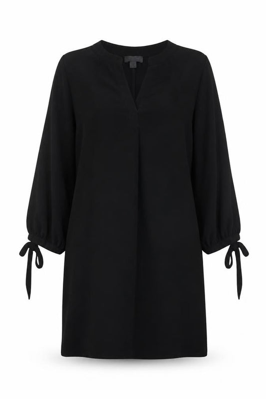 Front view of Primark Women’s Black Shift Dress, size UK 12, V-Neck Puff Sleeve Knee Length
