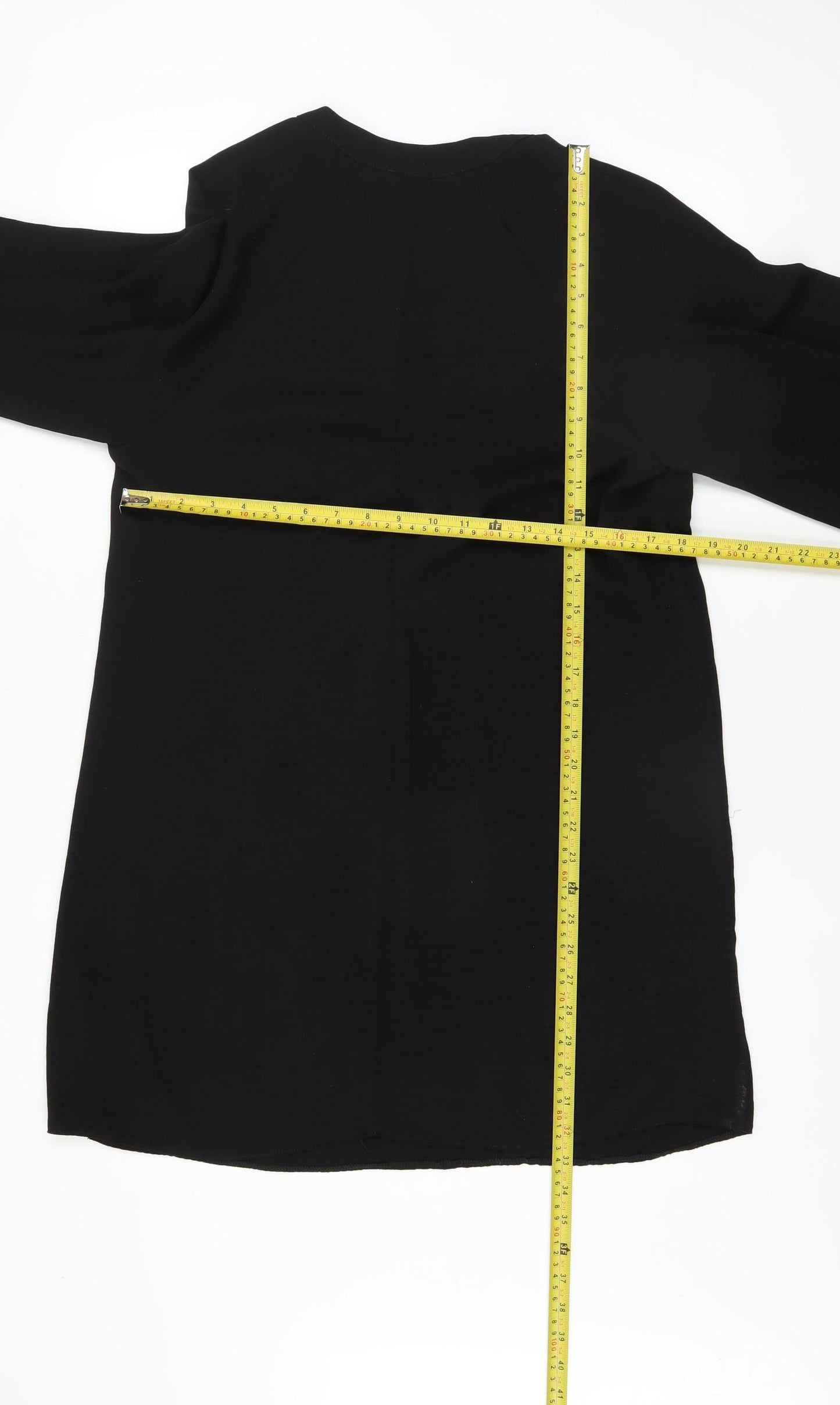 Primark Women’s Black Shift Dress Size 12 V-Neck Puff Sleeve Knee Length
