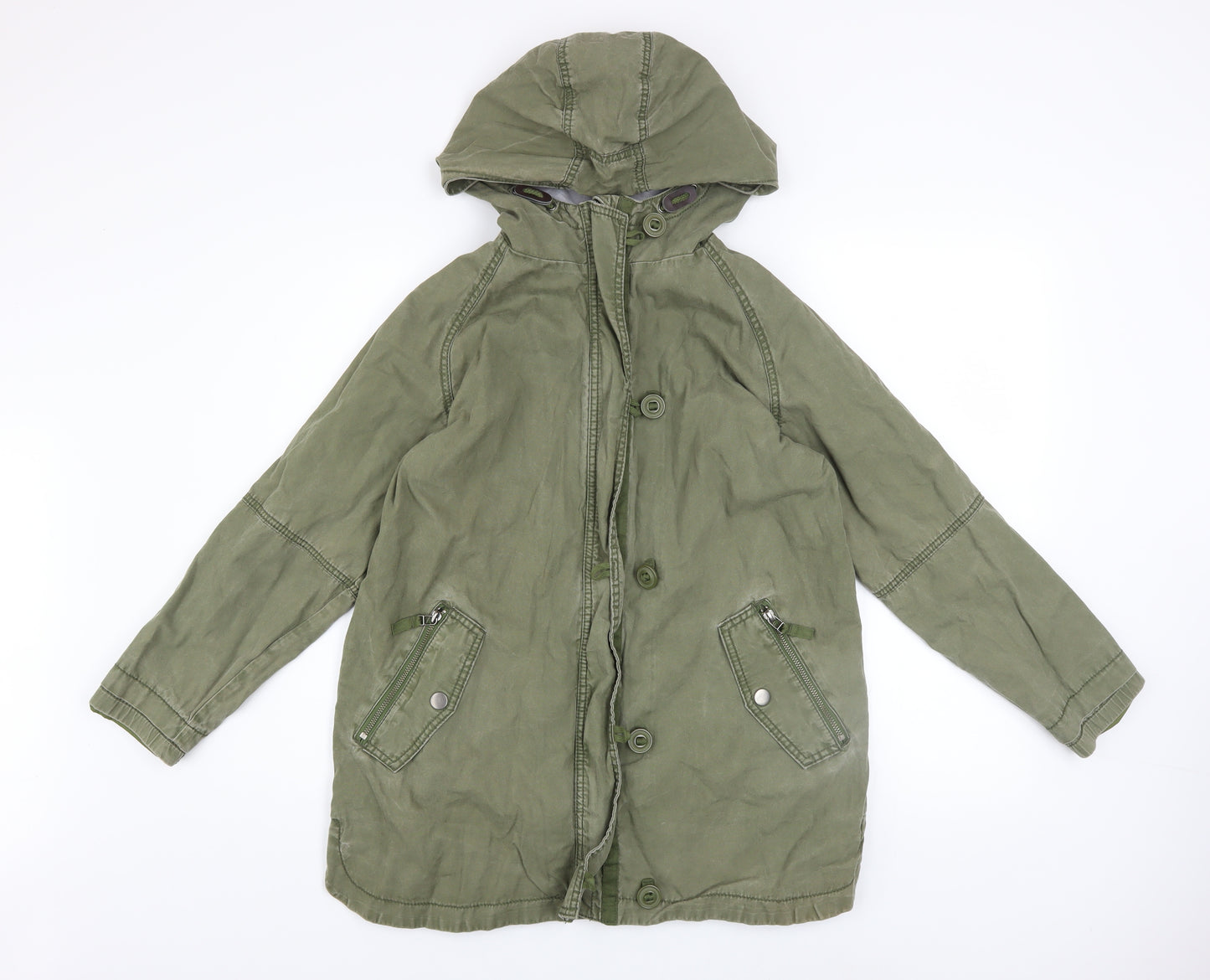 Next Girls Green Cotton Hooded Parka Coat 12 Years Lined Casual Jacket