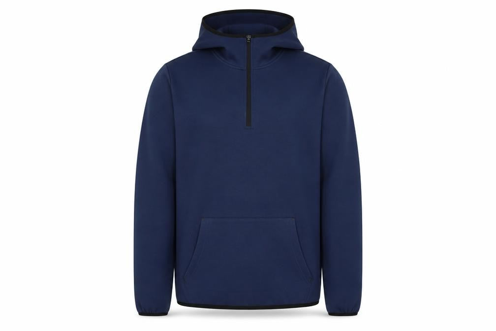 Front view of WorkOut Men's Blue 1/2 Zip Hoodie, size M, Regular Fit