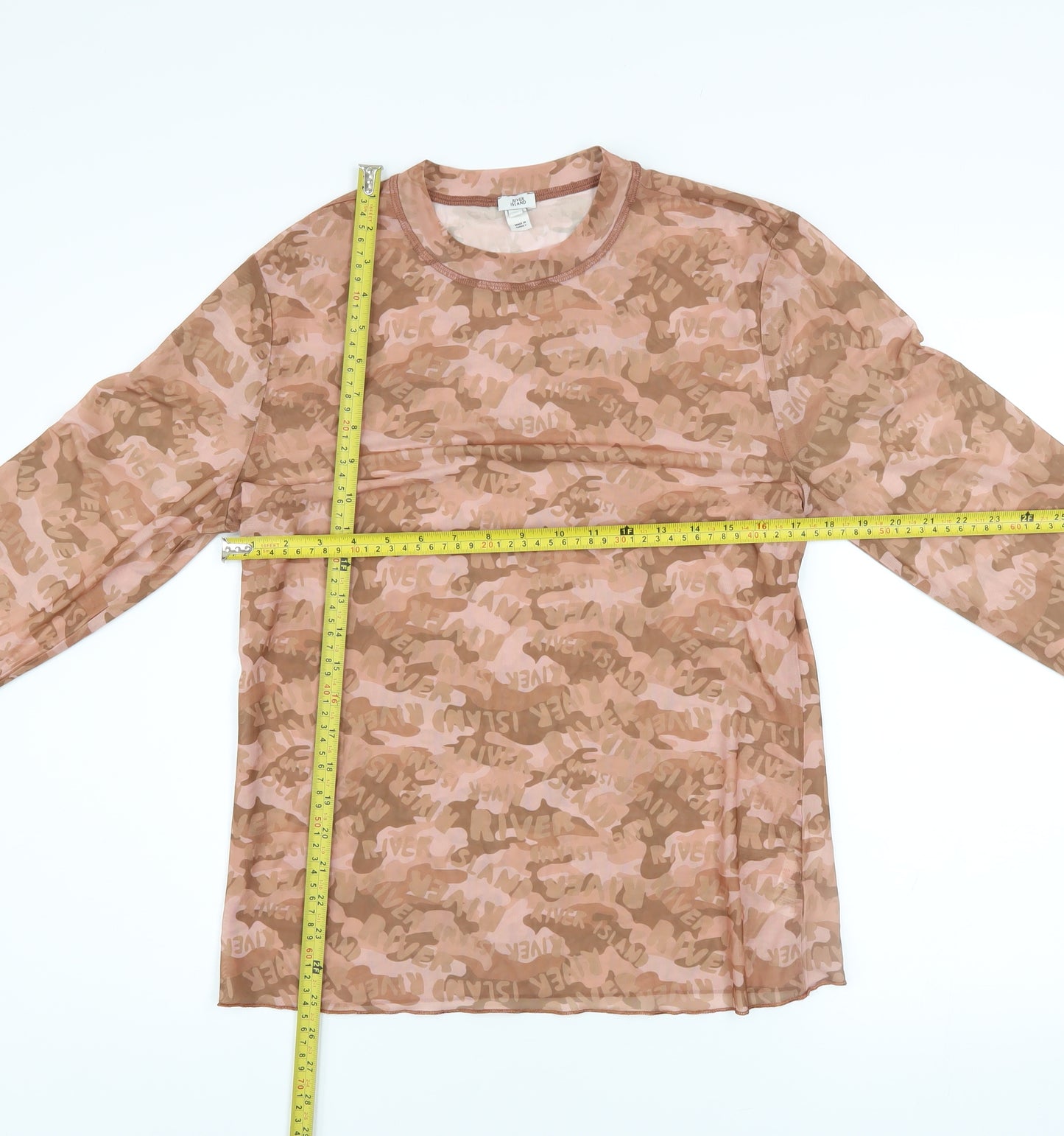 River Island Women’s Brown Camouflage Mesh Long Sleeve T-Shirt Size 18
