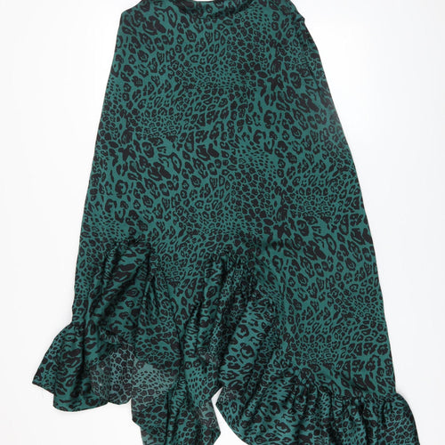 River Island Women Green Animal Print Asymmetric Ruffle Slip Dress Size 10