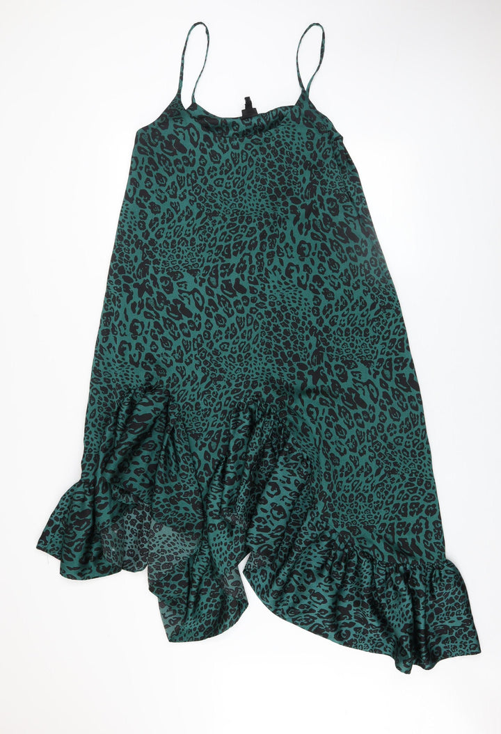 River Island Women Green Animal Print Asymmetric Ruffle Slip Dress Size 10