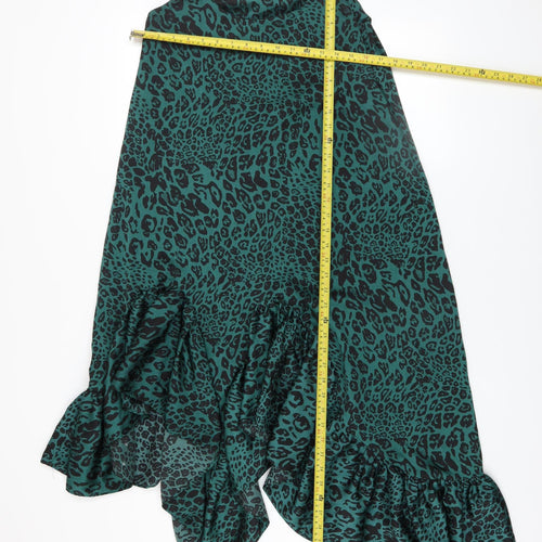 River Island Women Green Animal Print Asymmetric Ruffle Slip Dress Size 10