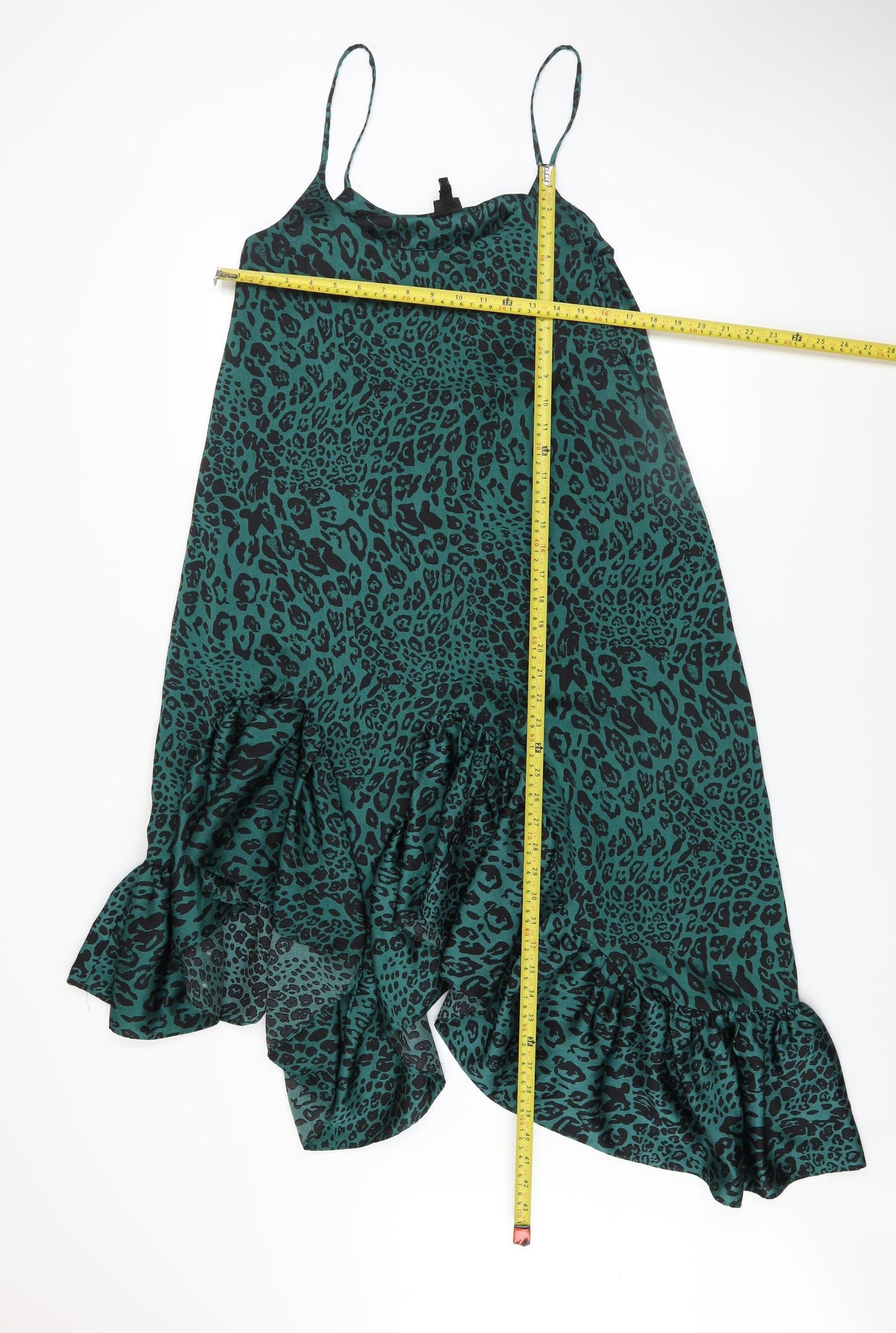 River Island Women Green Animal Print Asymmetric Ruffle Slip Dress Size 10