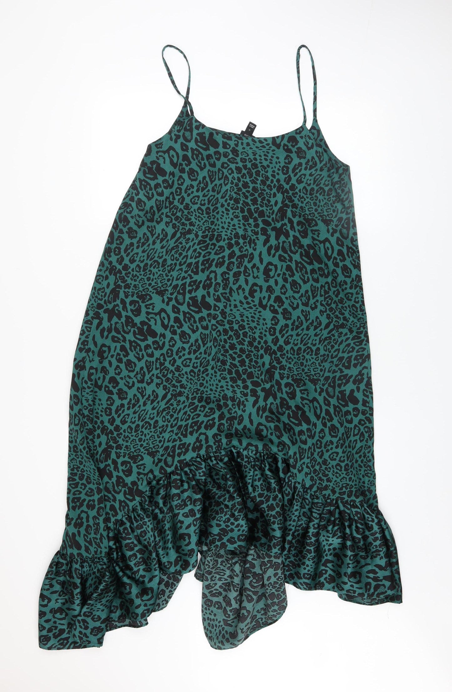 River Island Women Green Animal Print Asymmetric Ruffle Slip Dress Size 10