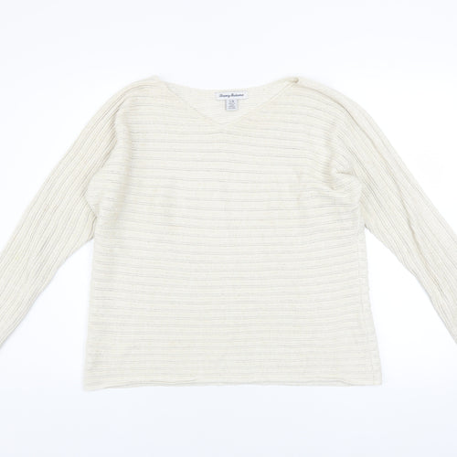 Tommy Bahama Womens Ivory V-Neck Open-Knit Cotton Jumper Size L