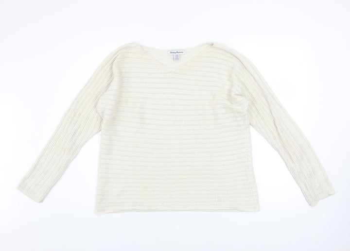 Tommy Bahama Womens Ivory V-Neck Open-Knit Cotton Jumper Size L