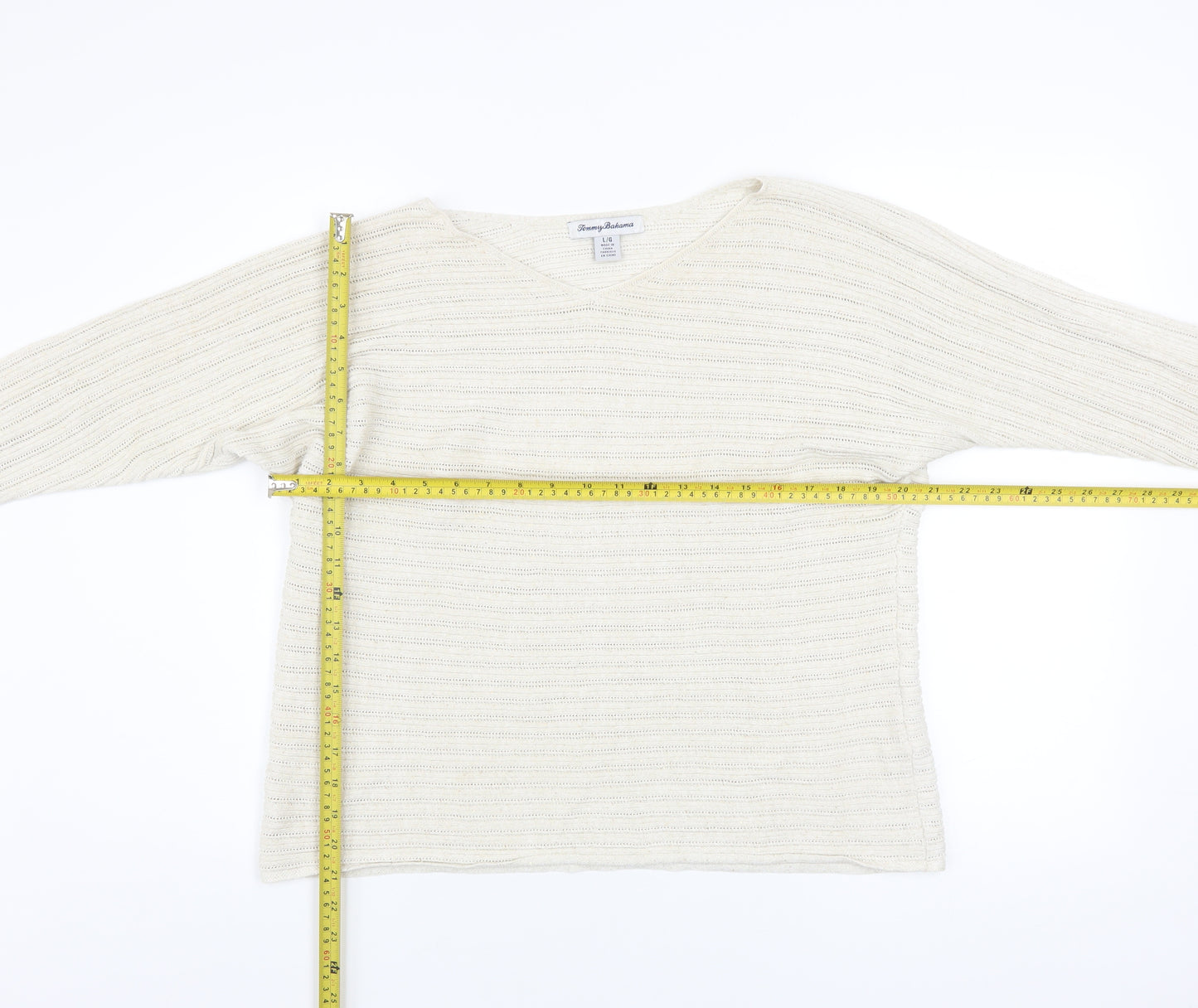 Tommy Bahama Womens Ivory V-Neck Open-Knit Cotton Jumper Size L