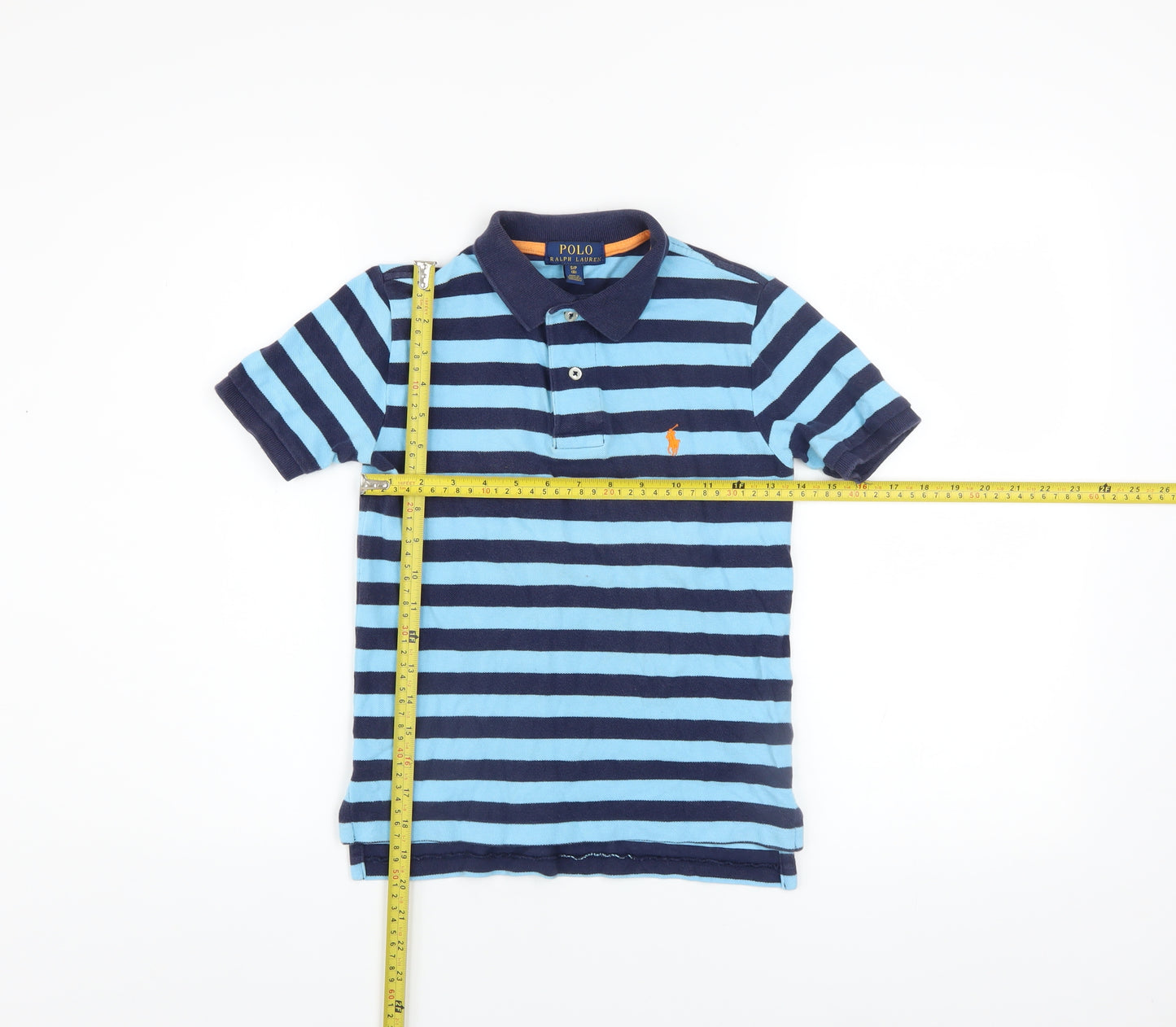 Polo Ralph Lauren Boys Blue Striped Cotton Short Sleeve Polo Shirt Size 8