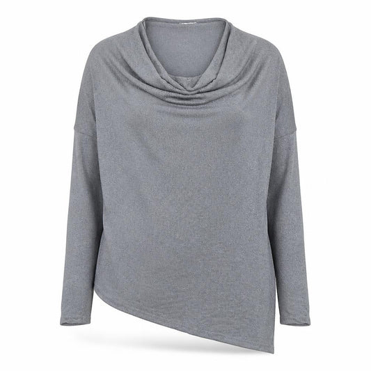 Front view of Gallery women’s grey cowl neck long sleeve knit blouse, size UK 14
