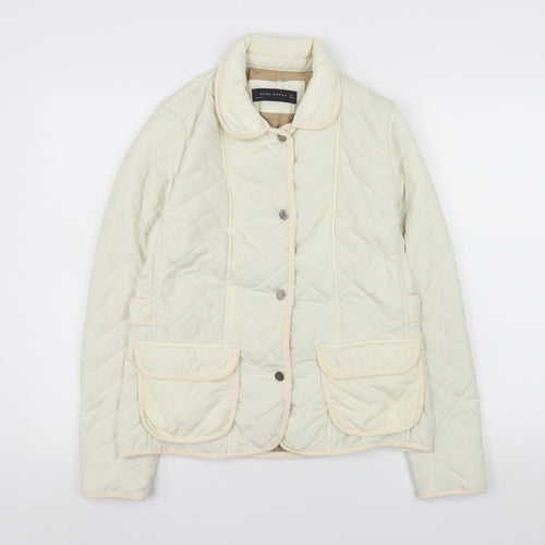 Zara Woman Ivory Quilted Button Jacket Women's L Classic Mid-Length