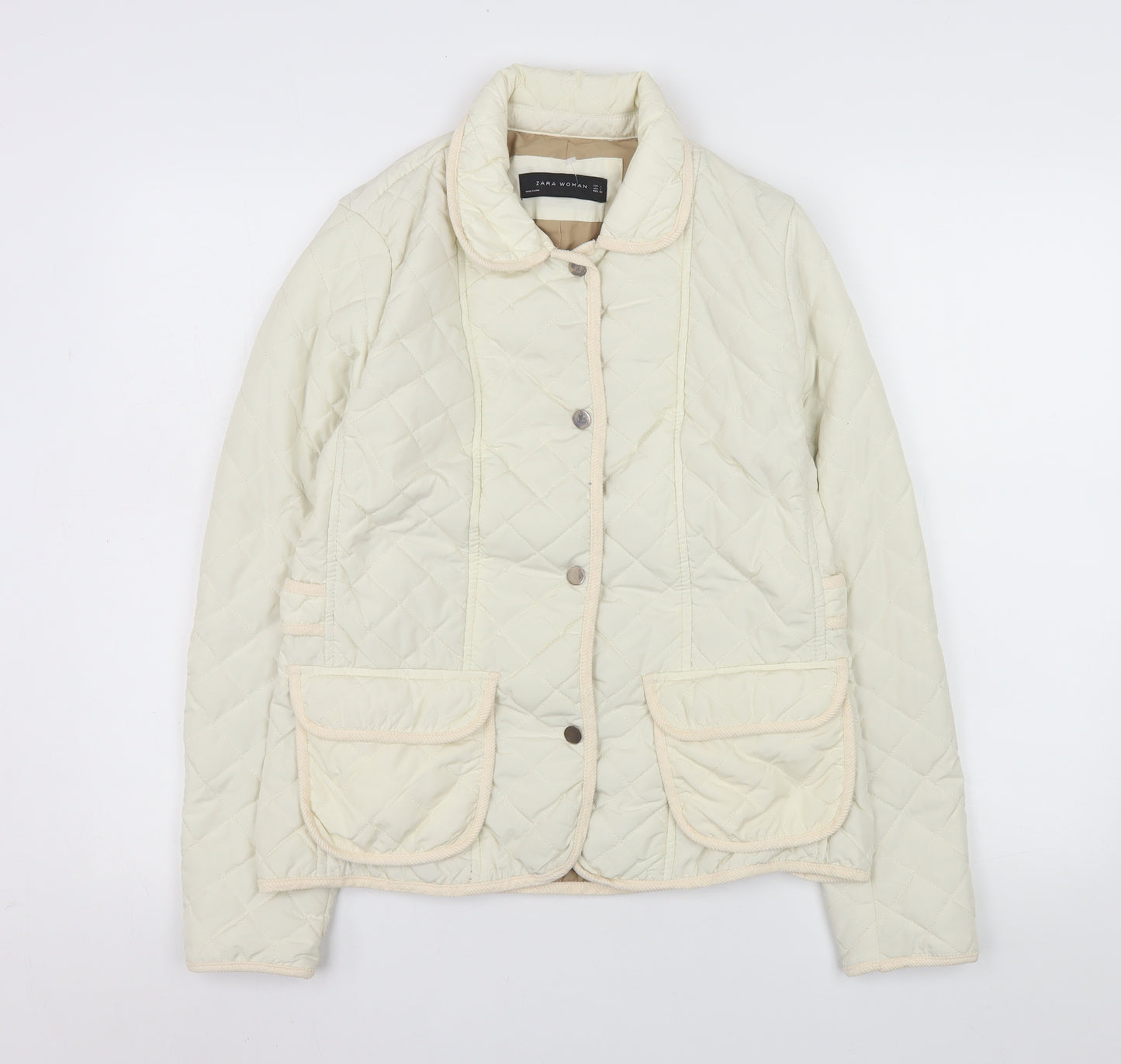 Zara Woman Ivory Quilted Button Jacket Women's L Classic Mid-Length