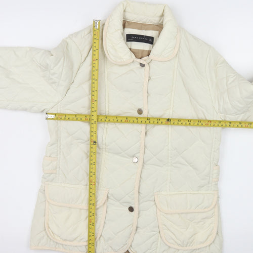 Zara Woman Ivory Quilted Button Jacket Women's L Classic Mid-Length