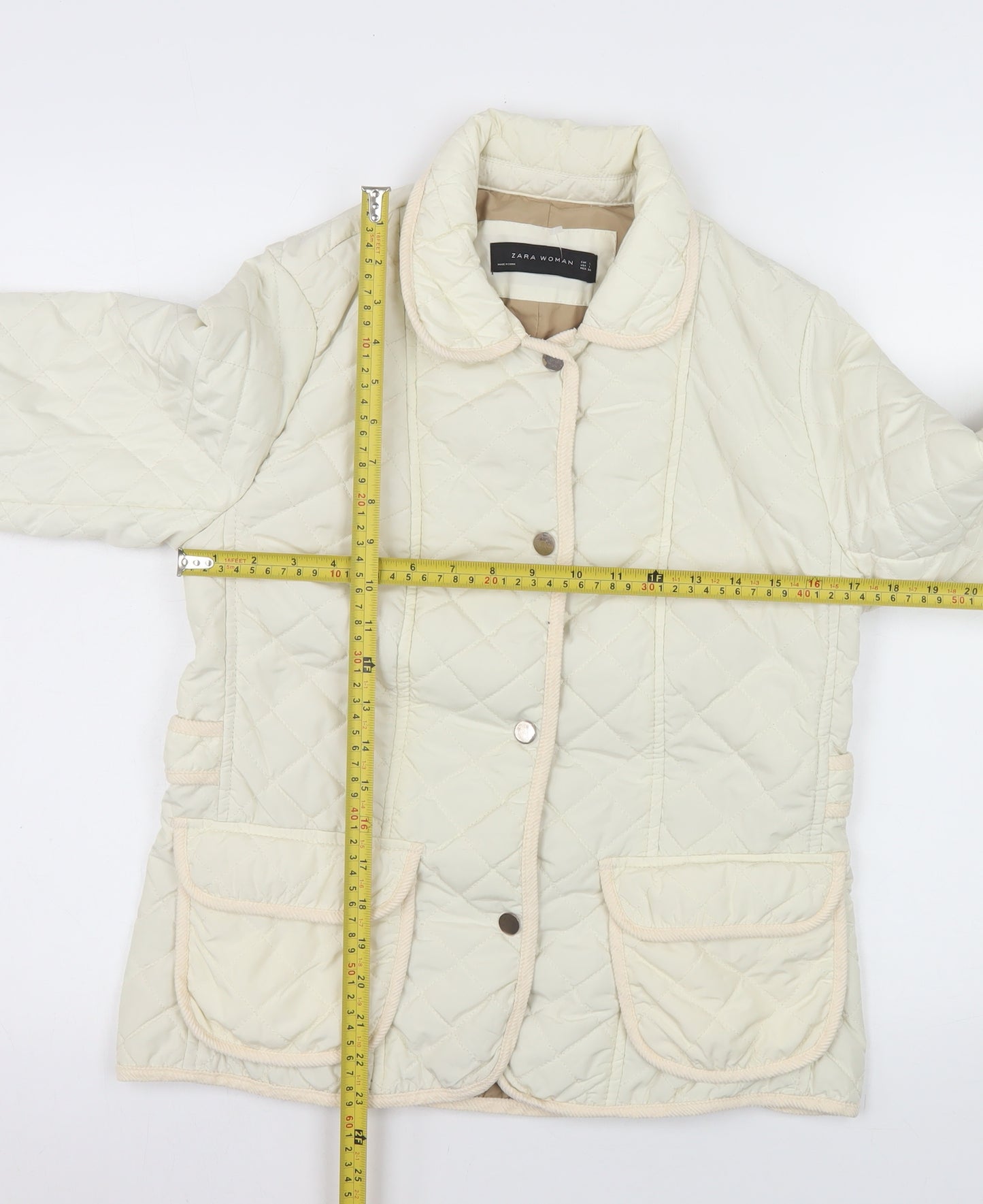 Zara Woman Ivory Quilted Button Jacket Women's L Classic Mid-Length