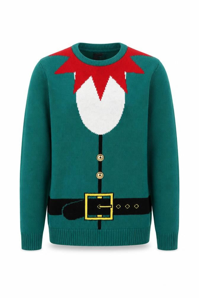 Front view of SoulCal men’s green elf christmas jumper, size M, pullover knit