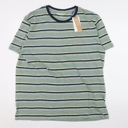 Jack & Jones Mens Green Striped 2XL Organic Cotton Crew Neck T-Shirt