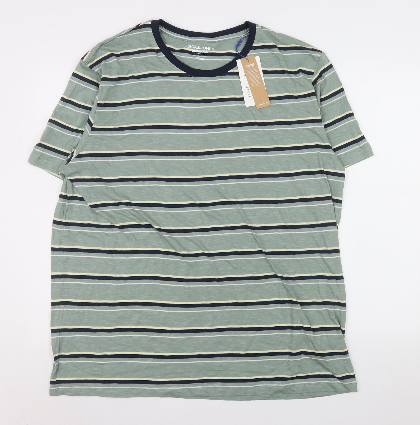Jack & Jones Mens Green Striped 2XL Organic Cotton Crew Neck T-Shirt