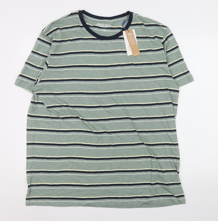 Jack & Jones Mens Green Striped 2XL Organic Cotton Crew Neck T-Shirt