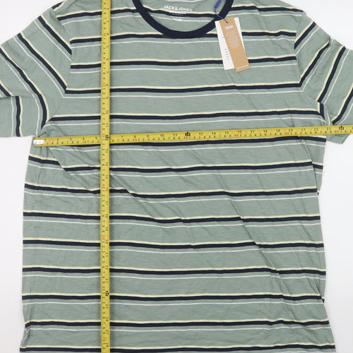 Jack & Jones Mens Green Striped 2XL Organic Cotton Crew Neck T-Shirt