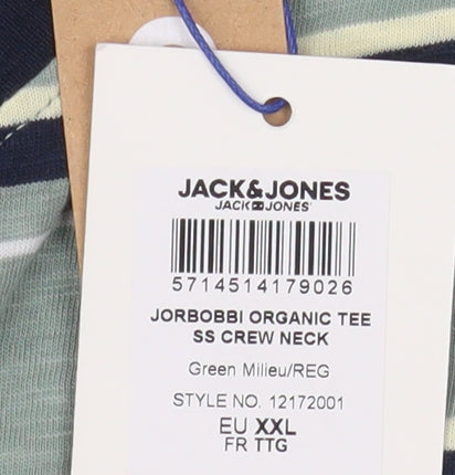 Jack & Jones Mens Green Striped 2XL Organic Cotton Crew Neck T-Shirt