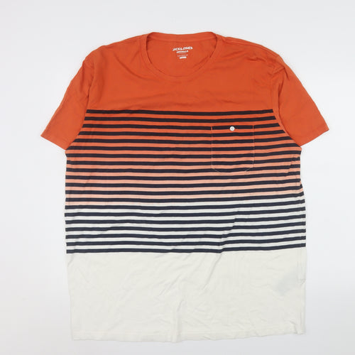 Jack & Jones Mens Orange Striped Crew Neck Cotton T-Shirt 2XL