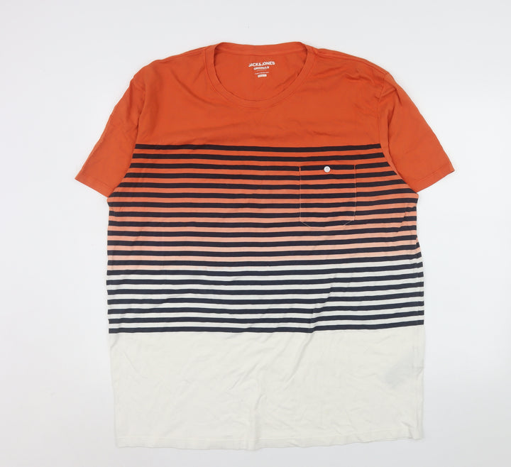 Jack & Jones Mens Orange Striped Crew Neck Cotton T-Shirt 2XL