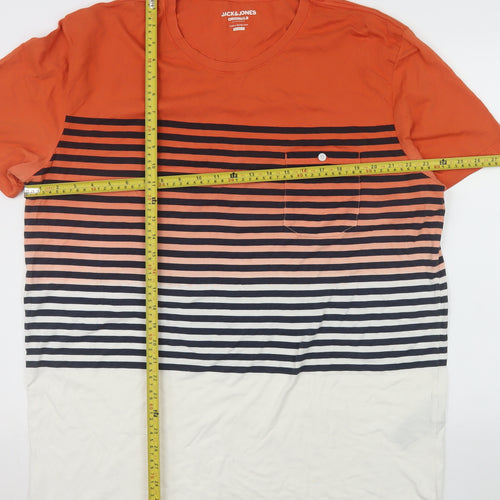 Jack & Jones Mens Orange Striped Crew Neck Cotton T-Shirt 2XL
